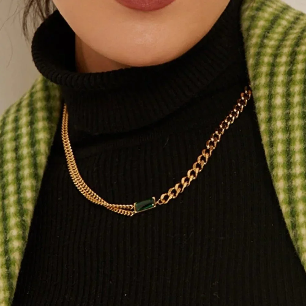 New 18K Gold Plated Link Chain Green Gemstone Necklace